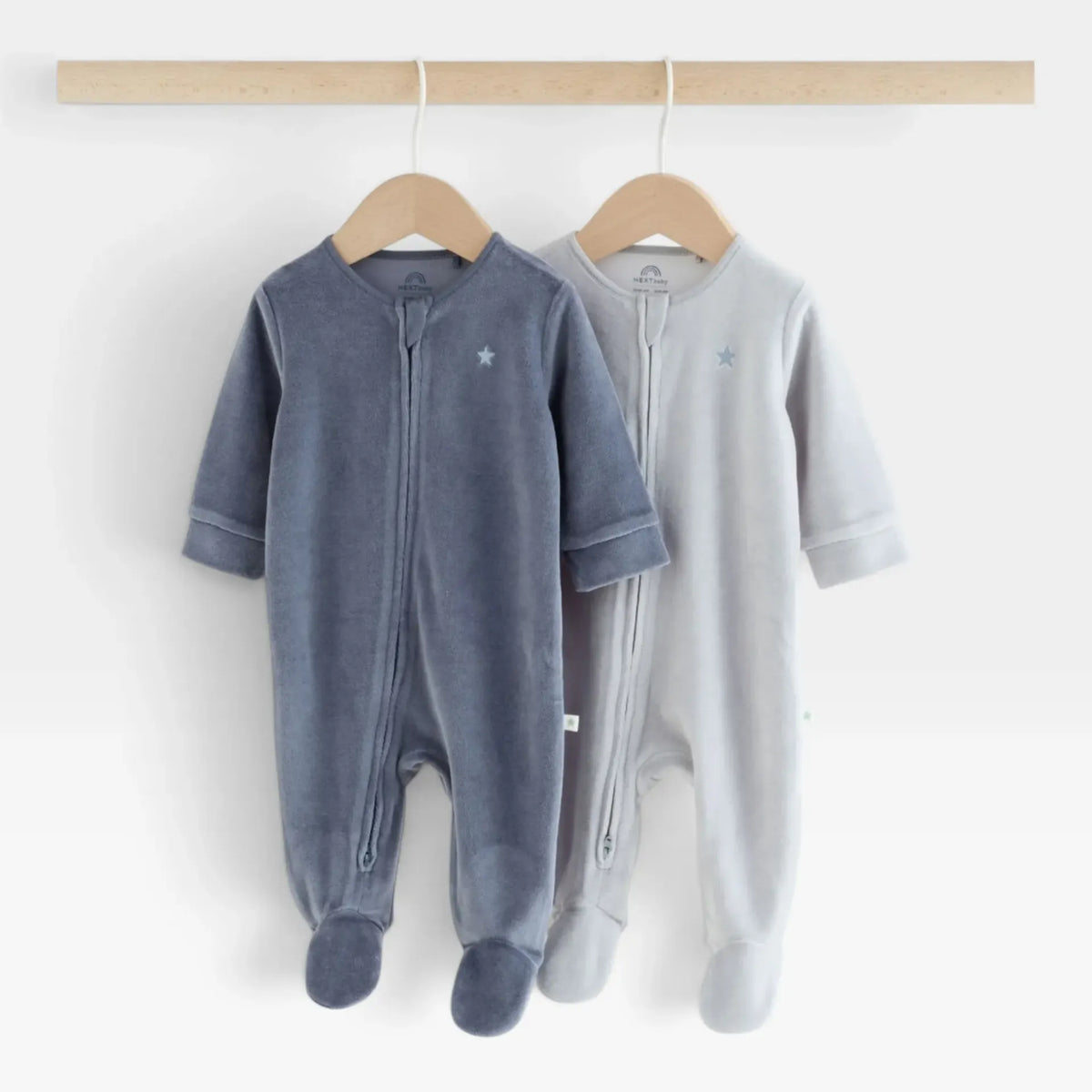 NEXT Blue Velour Baby Sleepsuits 2 Pack - 1